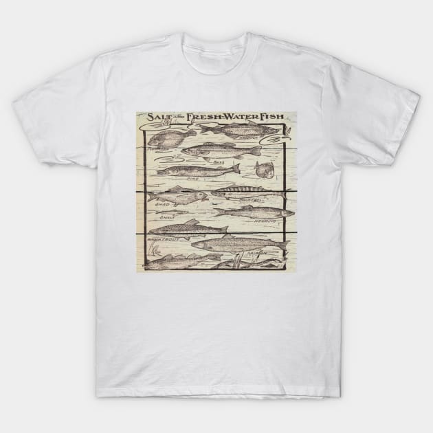 whitewashed wood lakehouse cabin cottage freshwater fishing chart T-Shirt by Tina